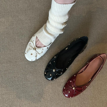 Xajzpa New Women Flat Shoes Autumn Round Toe Shallow Mouth Patent Leather Butterfly Knot Rivet Casual Shoes Soft Sole Single Shoes